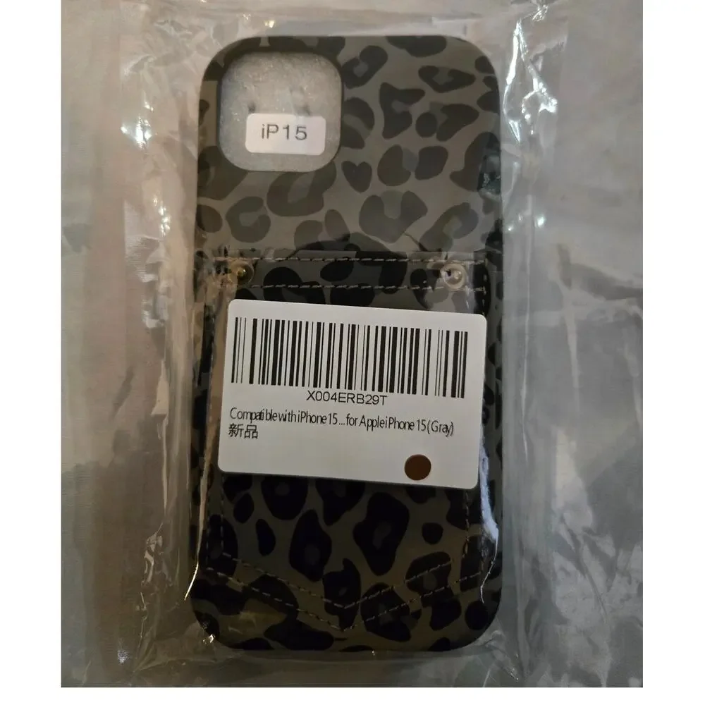 iPhone15 Fashion Card Holder Phone Case Cover Gray Animal Print